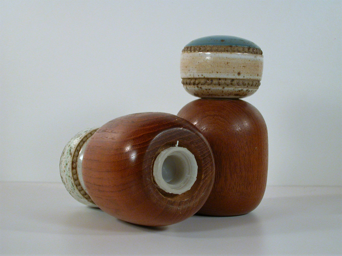 Denby Stoneware / Teak Potters Wheel Salt and Pepper Shakers, Mid Century Salt and Pepper Shakers David Yorath Design, Fantastic Blue Glaze