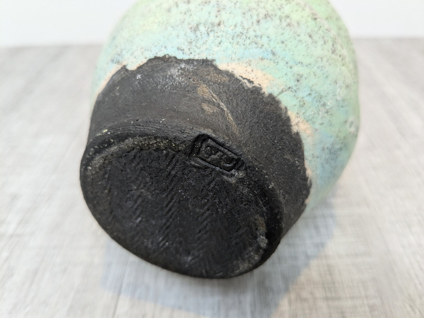 Gary Cherneff Raku Vase | Black and Mint Colored Exterior | Salt Spring Island Pottery