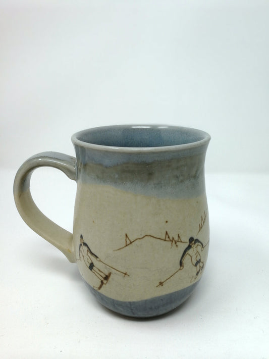 Vintage Ski Themed Mug | Downhill Skiers Graphics | Otagari Hand Painted Stoneware Pottery Mug