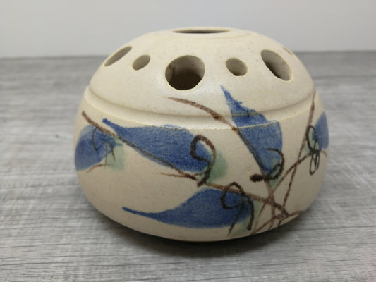 Nora Lewin studio pottery flower frog vase | Round Mushroom Cap Vase with Blue Abstract Design