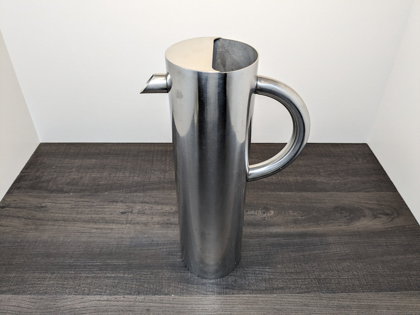 Stainless Steel Modernist Water Pitcher | Streamlined Tall Narrow Liquid Dispenser | Vintage Barware