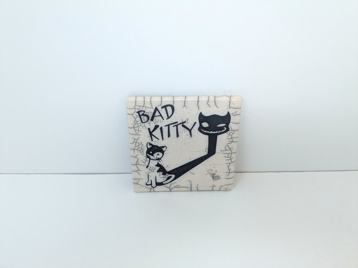 Ornamental Raku Wall Tile Featuring a Black Cat | Whimsical Wall Art Albert Dubout Style Graphics