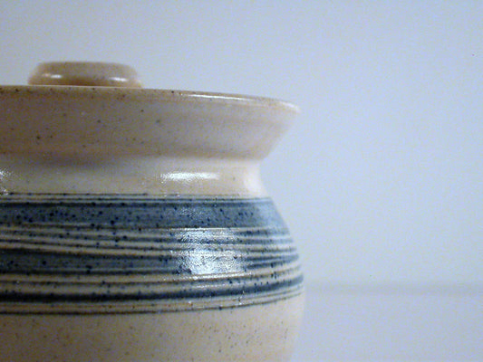 Sandi Dagg Pottery Prince Edward Island, Functional Covered Jar Blue Band over off White Body, Vintage PEI Pottery