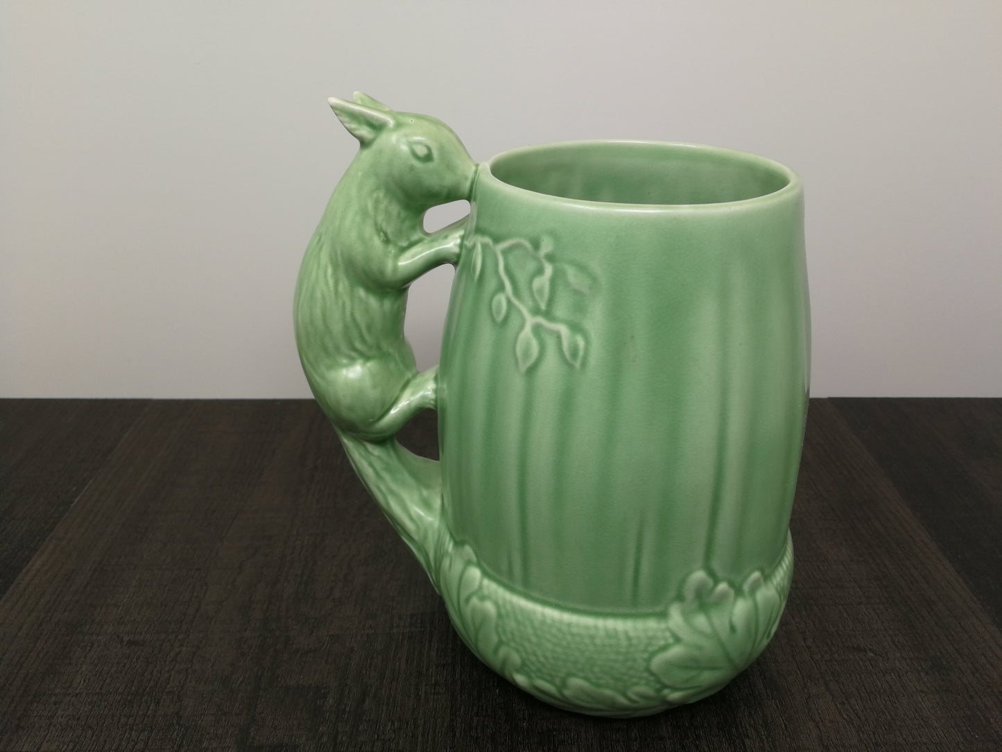 Art Pottery Tankard made in England by Sylvac | Beautiful Detail on Squirrel Handle | Light Green Glaze Finish
