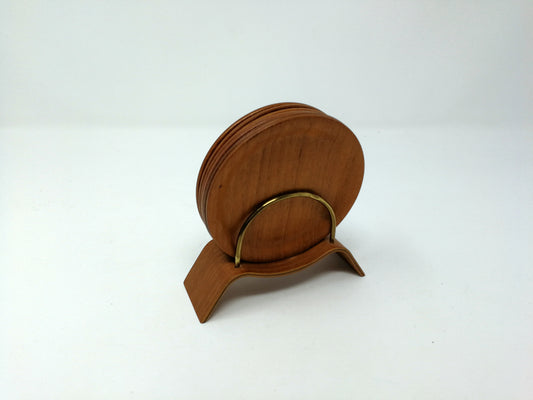 Teak Coaster Set | Mid Century 6 Coasters and Bent Wood Stand | Bar Ware Coasters