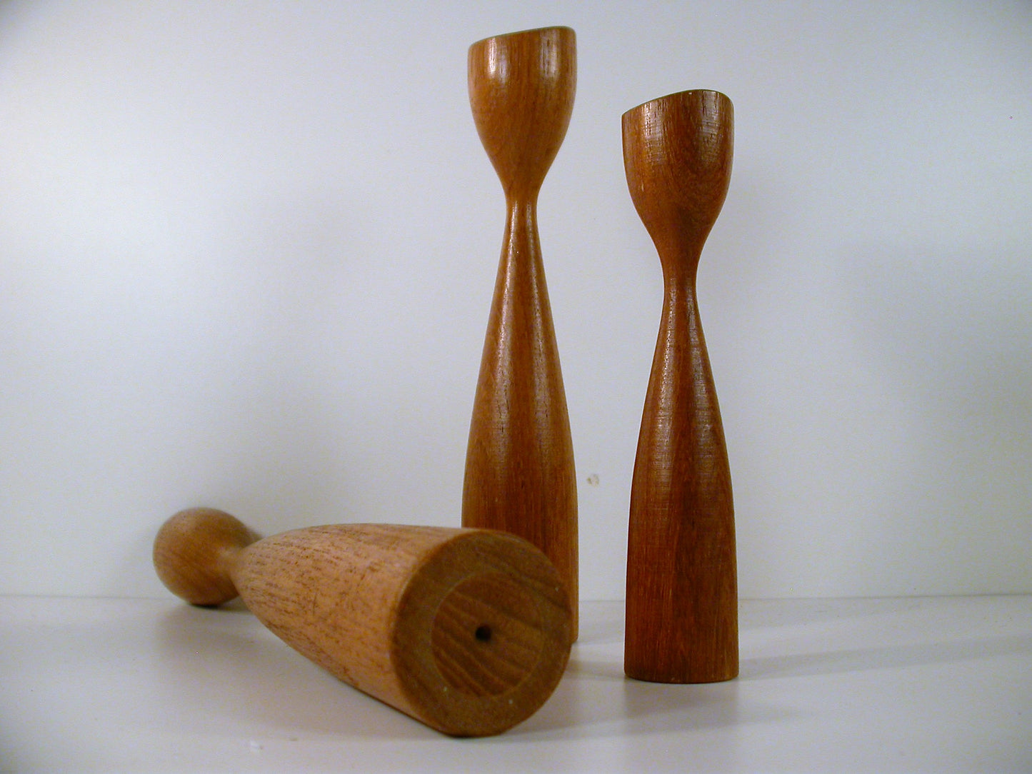 Teak Candle Stands, Sculpted Danish Design Candle Holders Set of 3, Vintage Mid Century Design Wegner Era Candle Holder Set in 3 Sizes