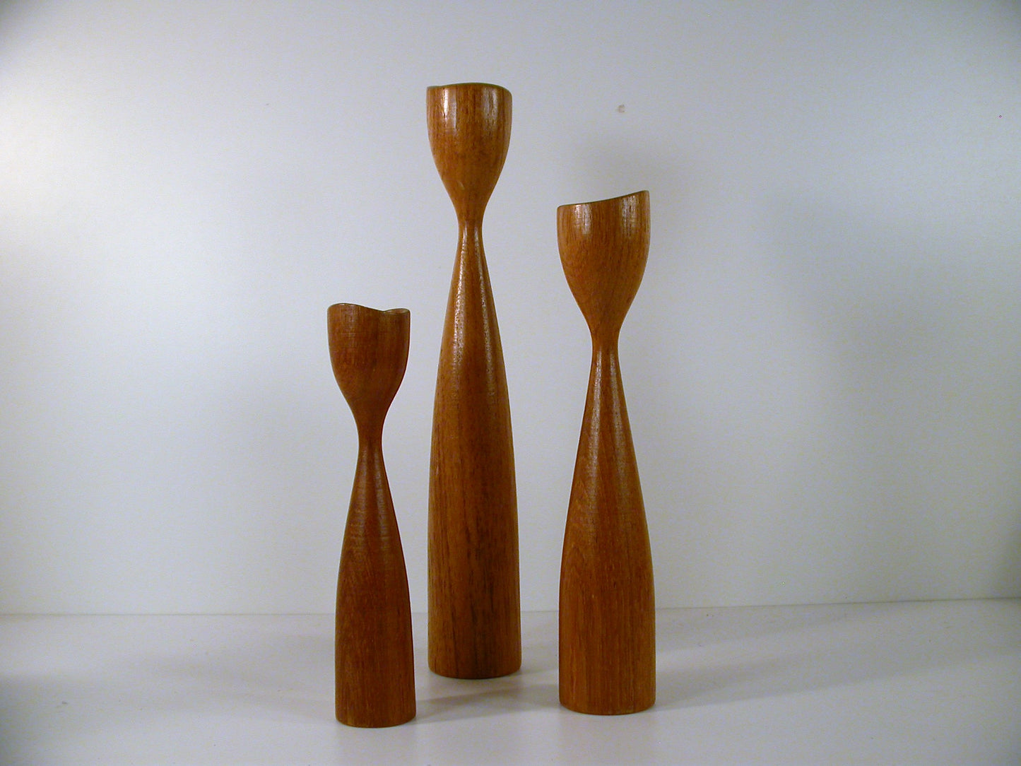 Teak Candle Stands, Sculpted Danish Design Candle Holders Set of 3, Vintage Mid Century Design Wegner Era Candle Holder Set in 3 Sizes