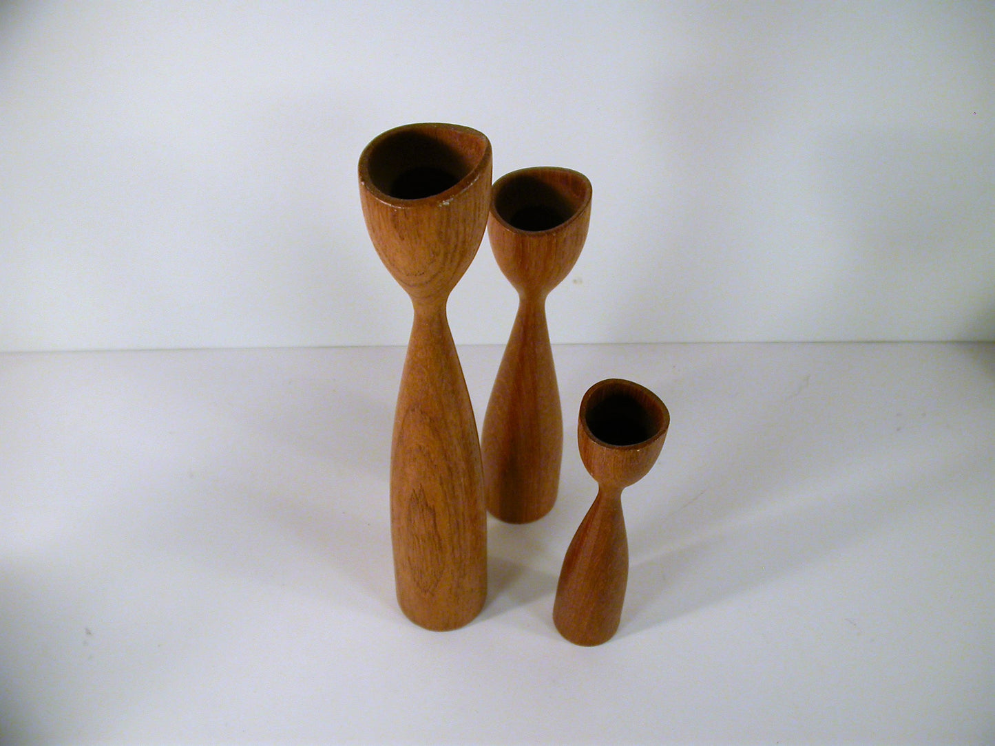 Teak Candle Stands, Sculpted Danish Design Candle Holders Set of 3, Vintage Mid Century Design Wegner Era Candle Holder Set in 3 Sizes