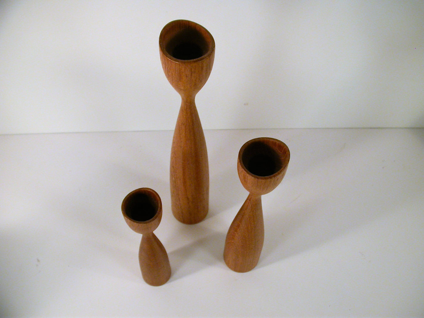 Teak Candle Stands, Sculpted Danish Design Candle Holders Set of 3, Vintage Mid Century Design Wegner Era Candle Holder Set in 3 Sizes