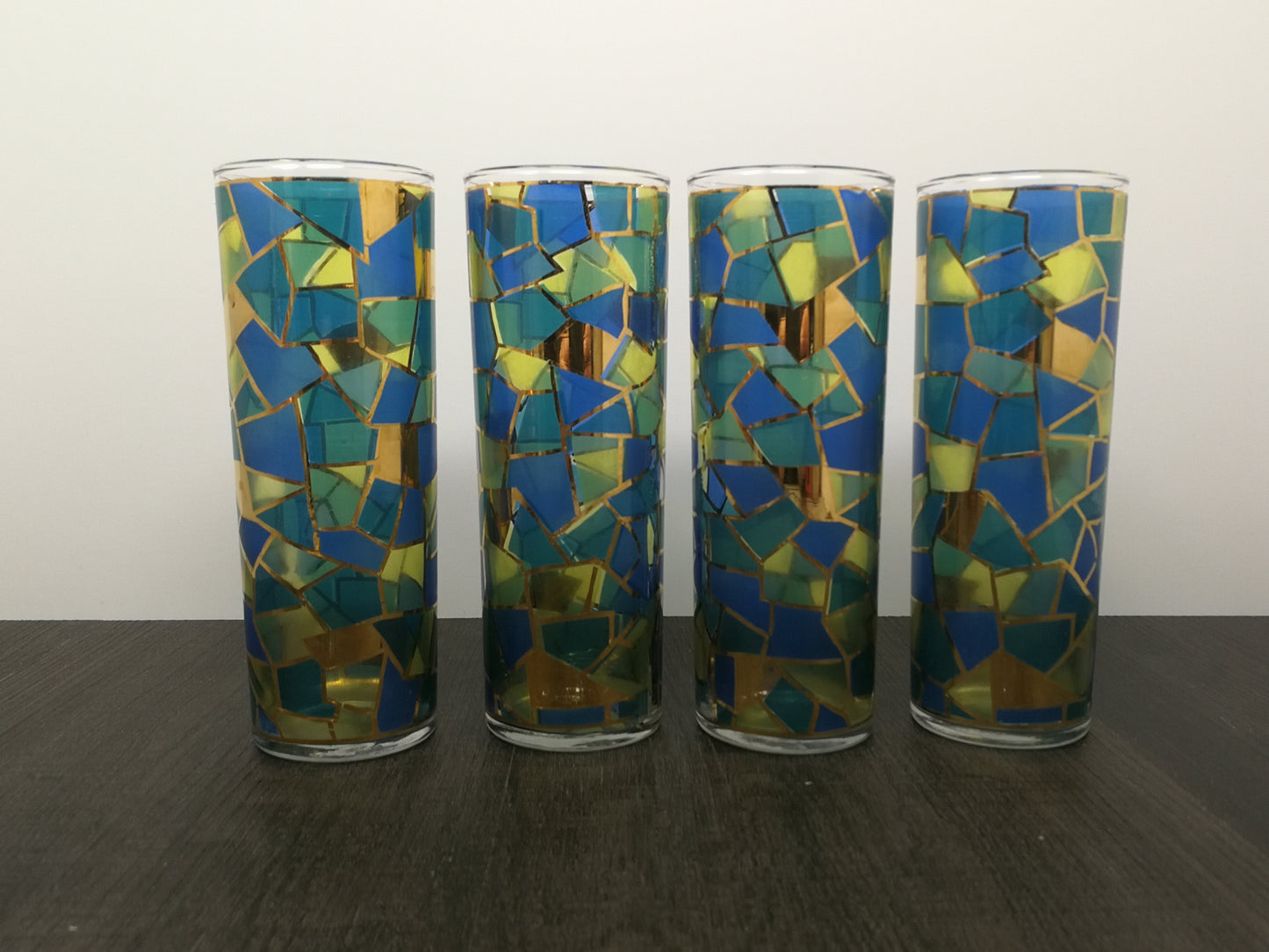 Set of 4 Vintage Stained Glass High Ball Glasses | Mid Century Cathedral Glass Drinking Glasses