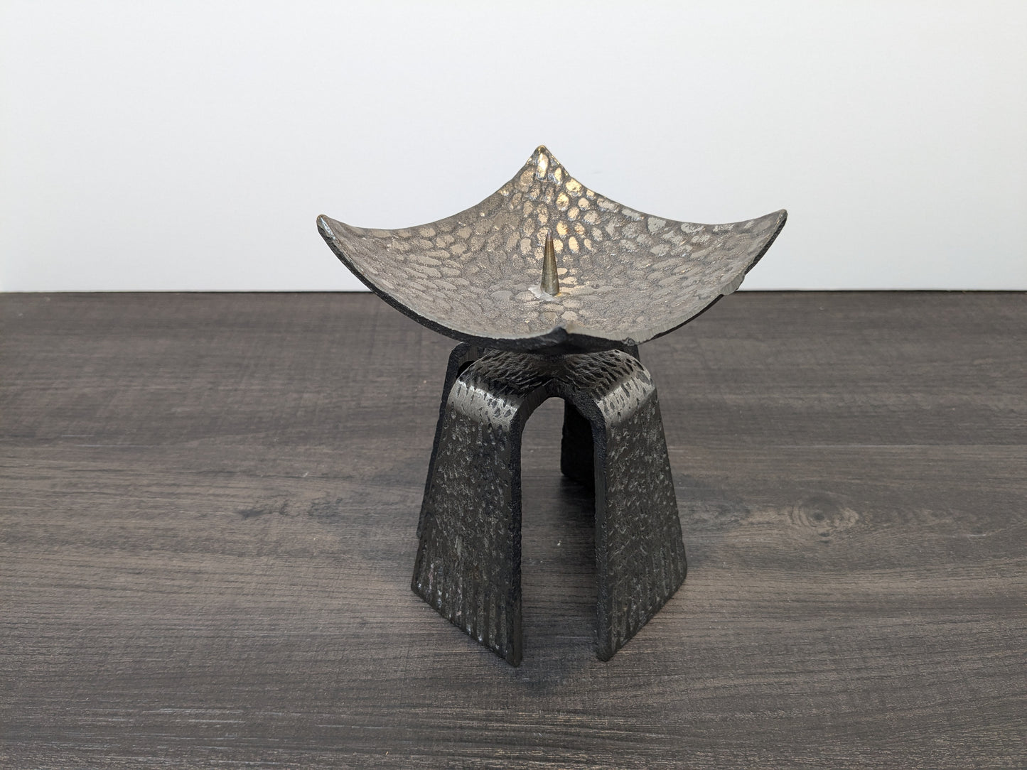 Hammered Steel Pique-Cierge Candle Stand | Four Legged Pedestal Design | Brutalism France 1970's