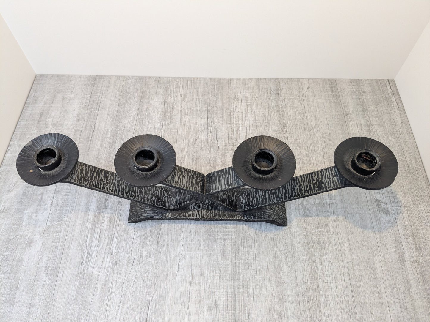 Wrought Iron Brutalist Candelabra | Mid Century Steel Candle Stand