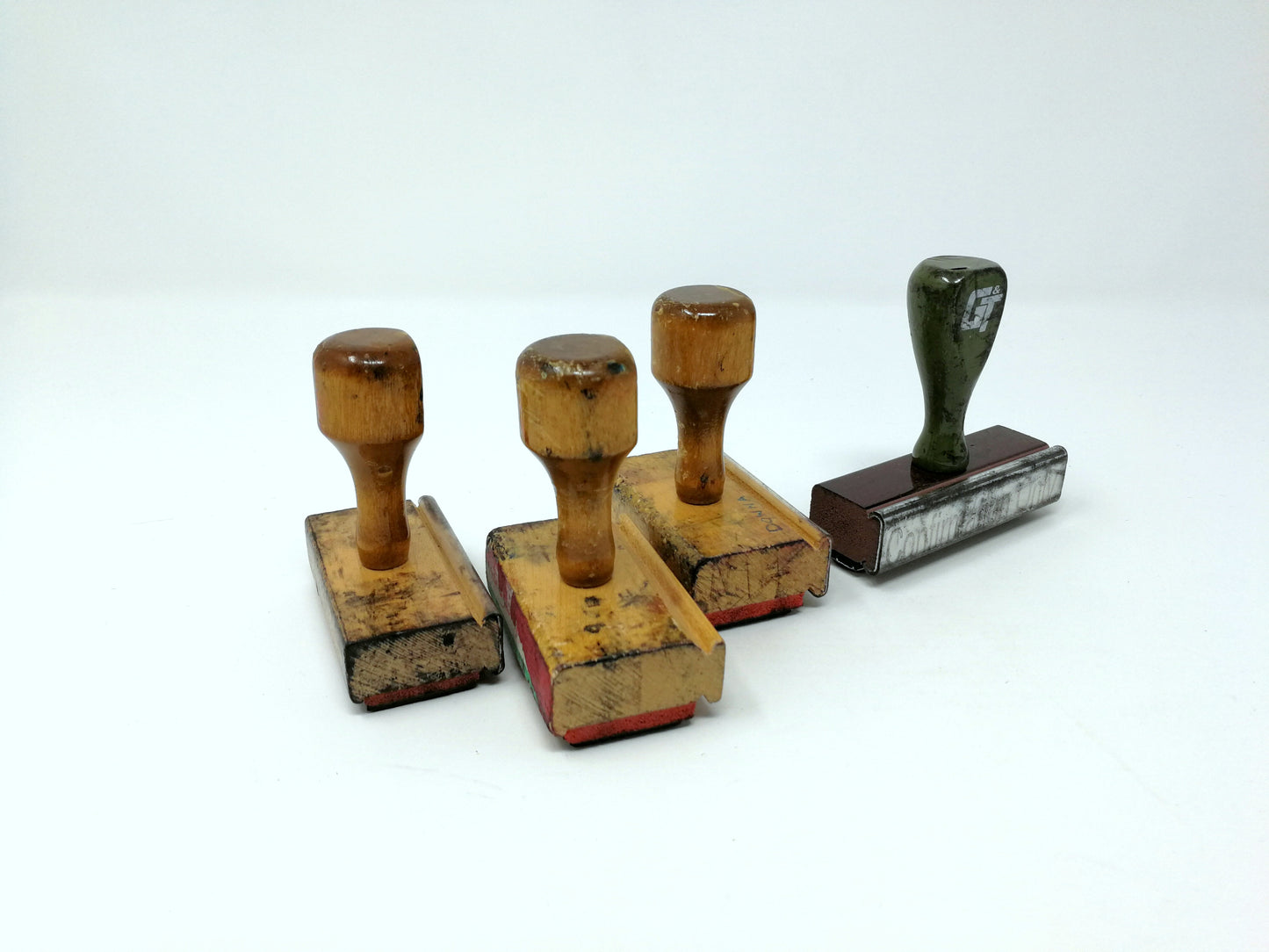 Vintage Wood Handled Office Stamps | 4 Rubber Stamps | Industrial Office Supply