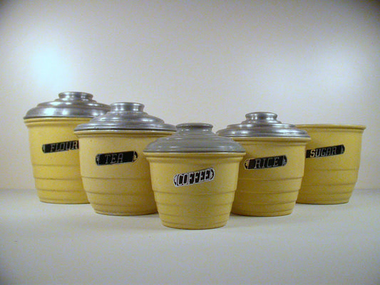 Art Deco Canister Set,5 Aluminium Vintage Kitchen Canisters, Villa Ware Canister Set