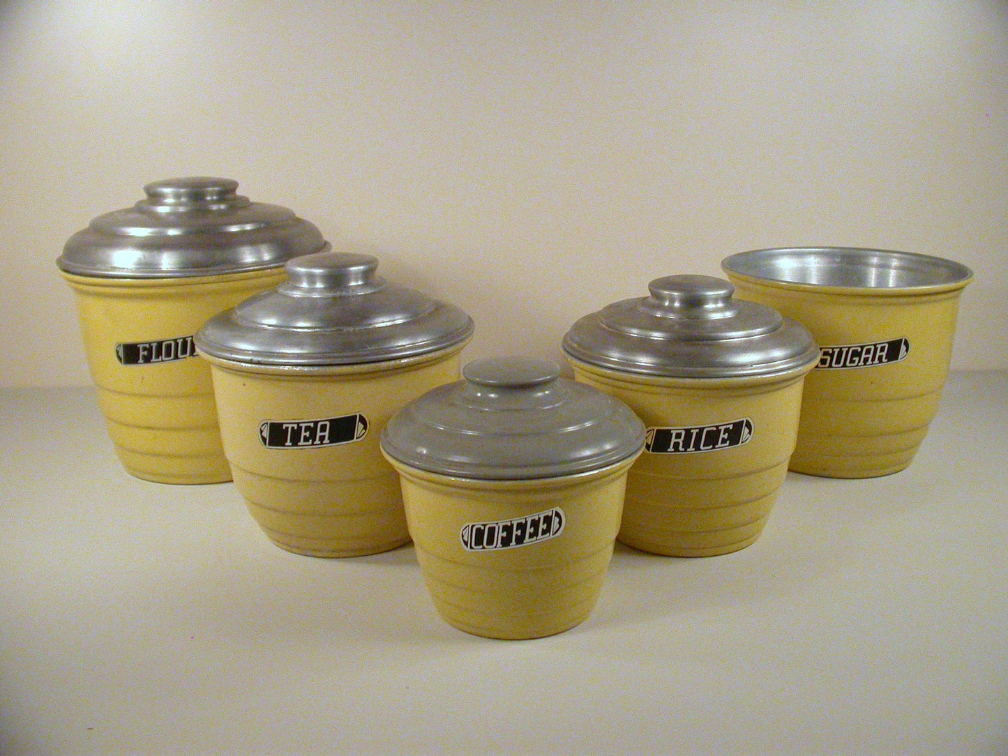 Art Deco Canister Set,5 Aluminium Vintage Kitchen Canisters, Villa Ware Canister Set
