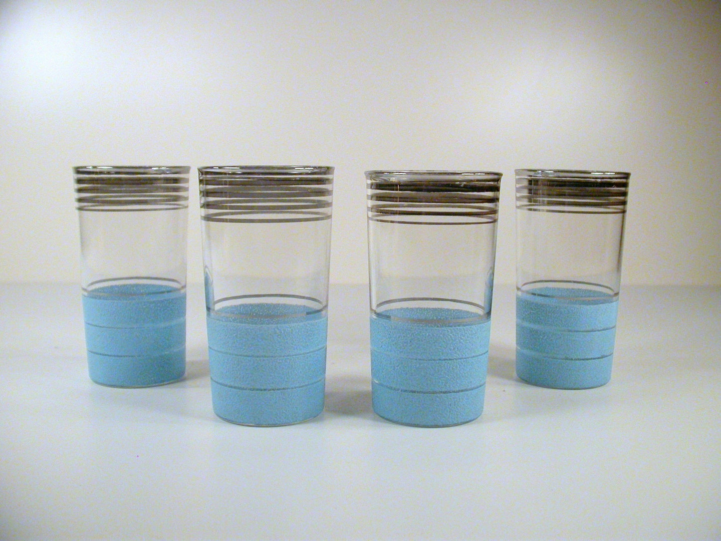 Set of 4 Art Deco Drinking Glasses, Barware Glasses, Blue Base, Silver Highlights