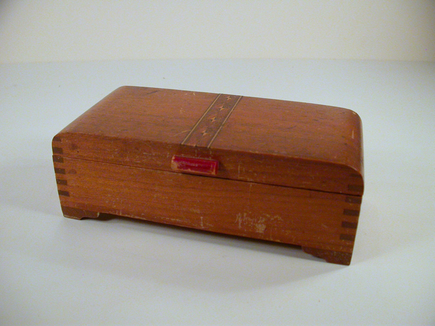 Art Deco Walnut Jewelry Box, Veneer Inlay Finger Jointed Corners