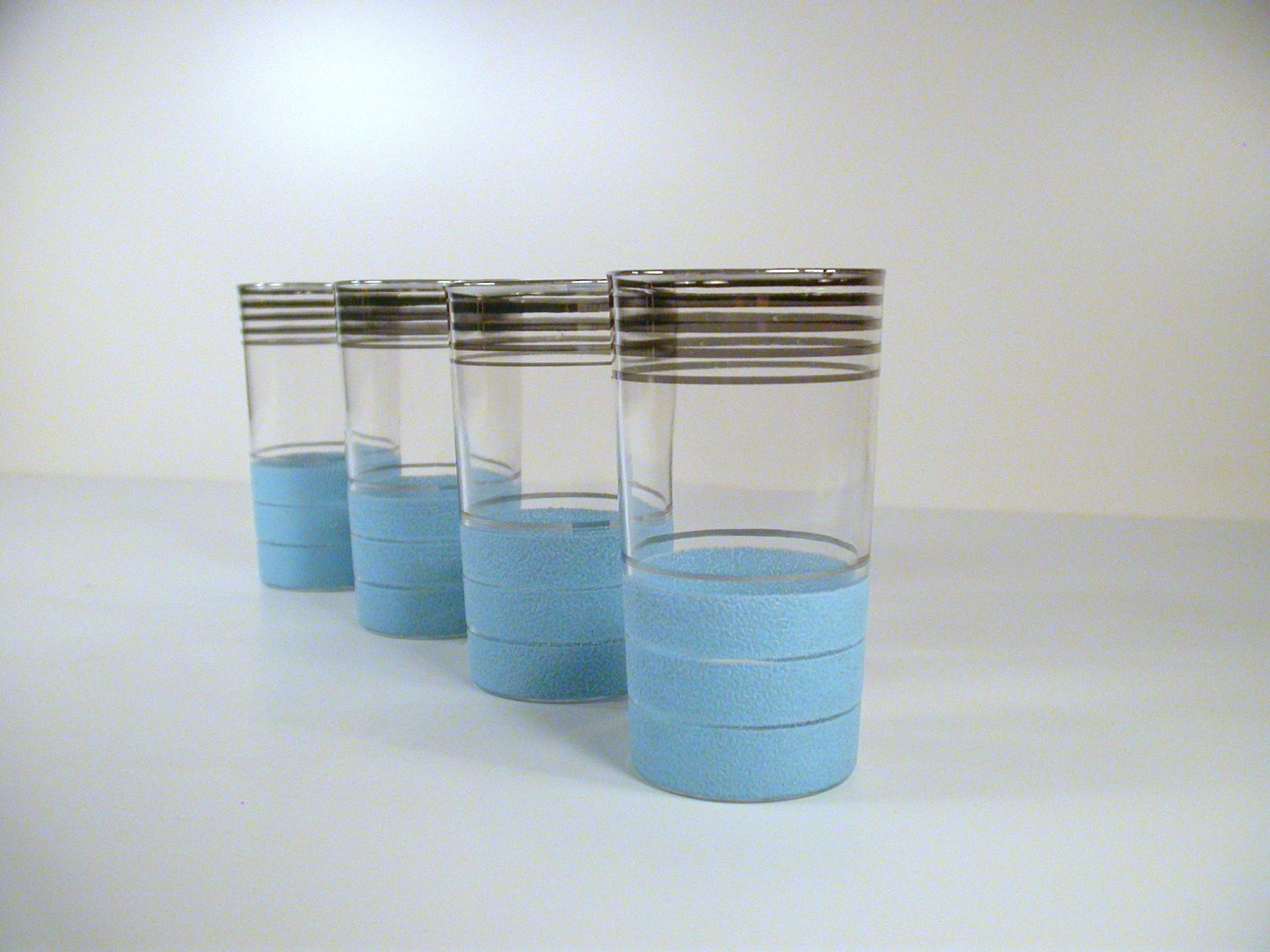 Set of 4 Art Deco Drinking Glasses, Barware Glasses, Blue Base, Silver Highlights