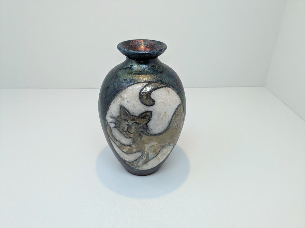 Braemar Raku Vase Cat Design | Kevin Wright Studio Pottery