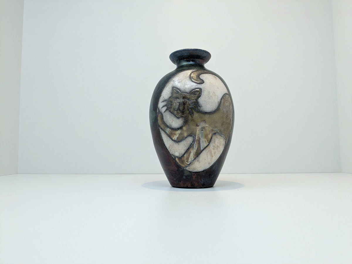 Braemar Raku Vase Cat Design | Kevin Wright Studio Pottery