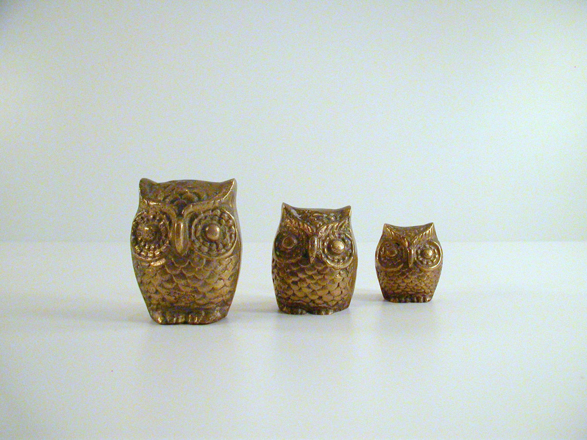 Brass Owls Set of 3 | Vintage Mid Century Owls | Cast Brass Ornaments