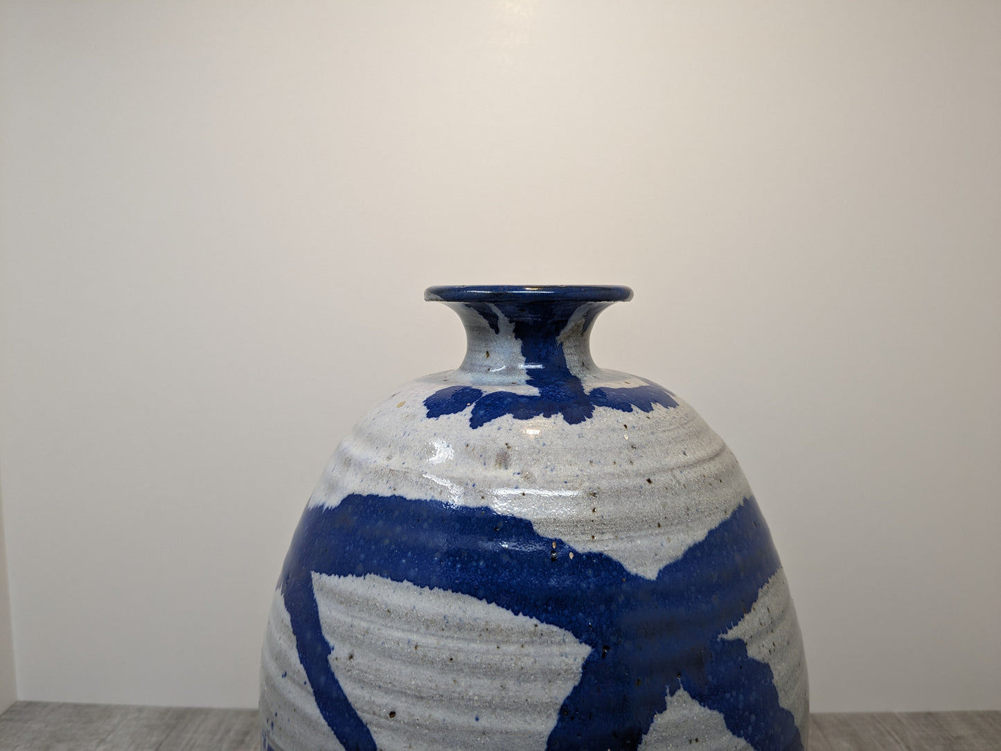 Studio Pottery Stoneware Vase | Bruce Vallance Hand Thrown Pottery | Oatmeal Glaze with Blue Brush Strokes