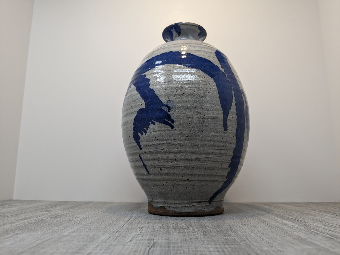 Studio Pottery Stoneware Vase | Bruce Vallance Hand Thrown Pottery | Oatmeal Glaze with Blue Brush Strokes