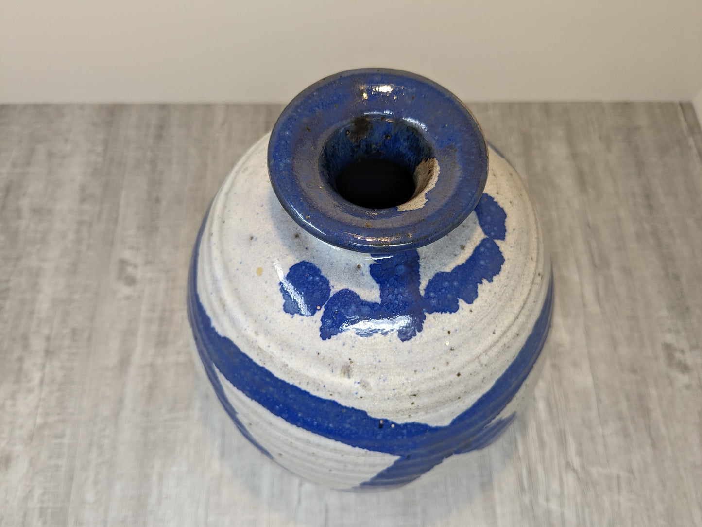 Studio Pottery Stoneware Vase | Bruce Vallance Hand Thrown Pottery | Oatmeal Glaze with Blue Brush Strokes