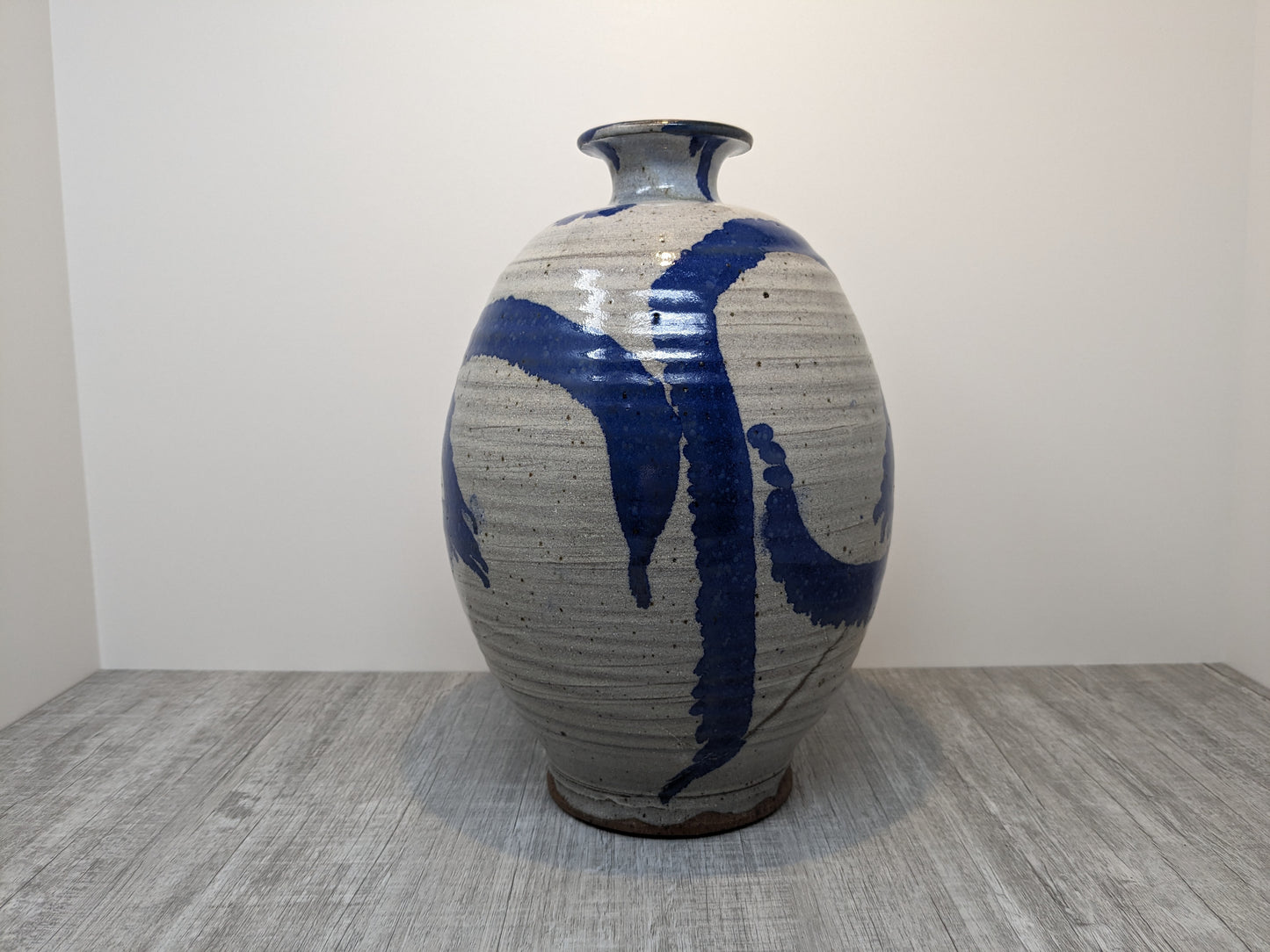 Studio Pottery Stoneware Vase | Bruce Vallance Hand Thrown Pottery | Oatmeal Glaze with Blue Brush Strokes