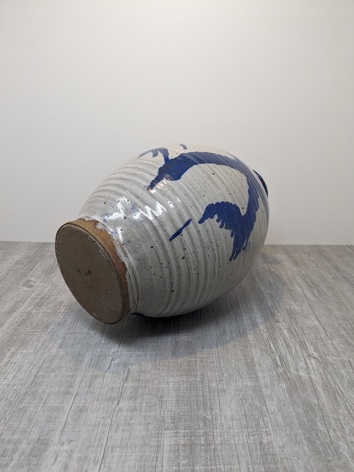 Studio Pottery Stoneware Vase | Bruce Vallance Hand Thrown Pottery | Oatmeal Glaze with Blue Brush Strokes