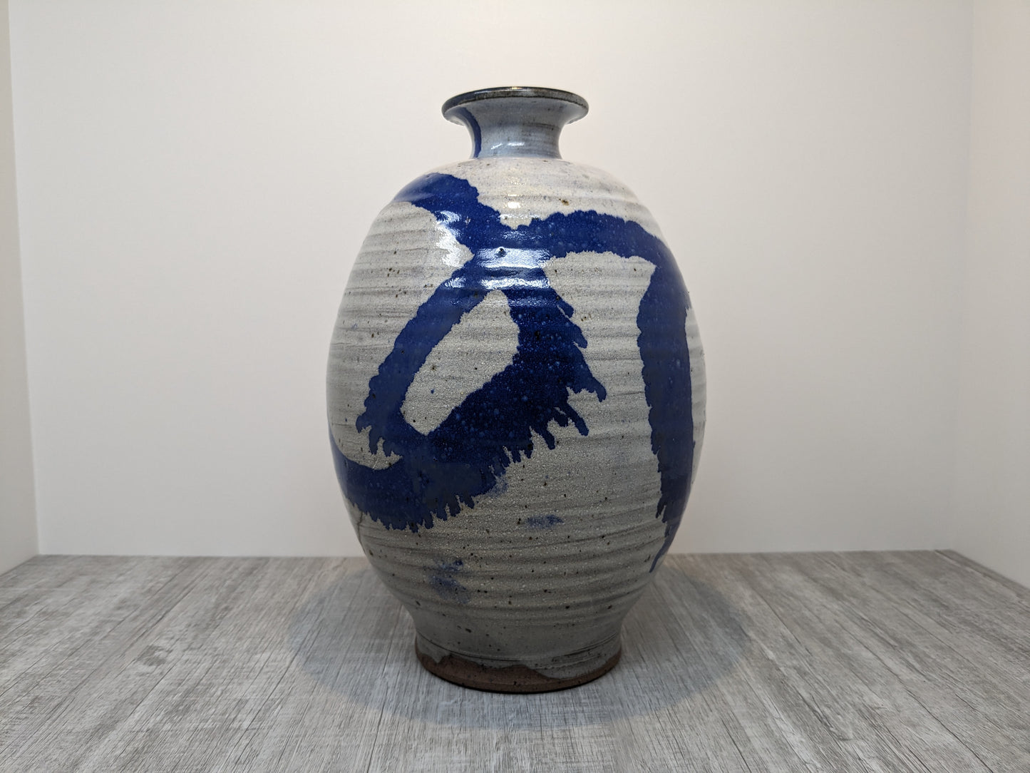 Studio Pottery Stoneware Vase | Bruce Vallance Hand Thrown Pottery | Oatmeal Glaze with Blue Brush Strokes