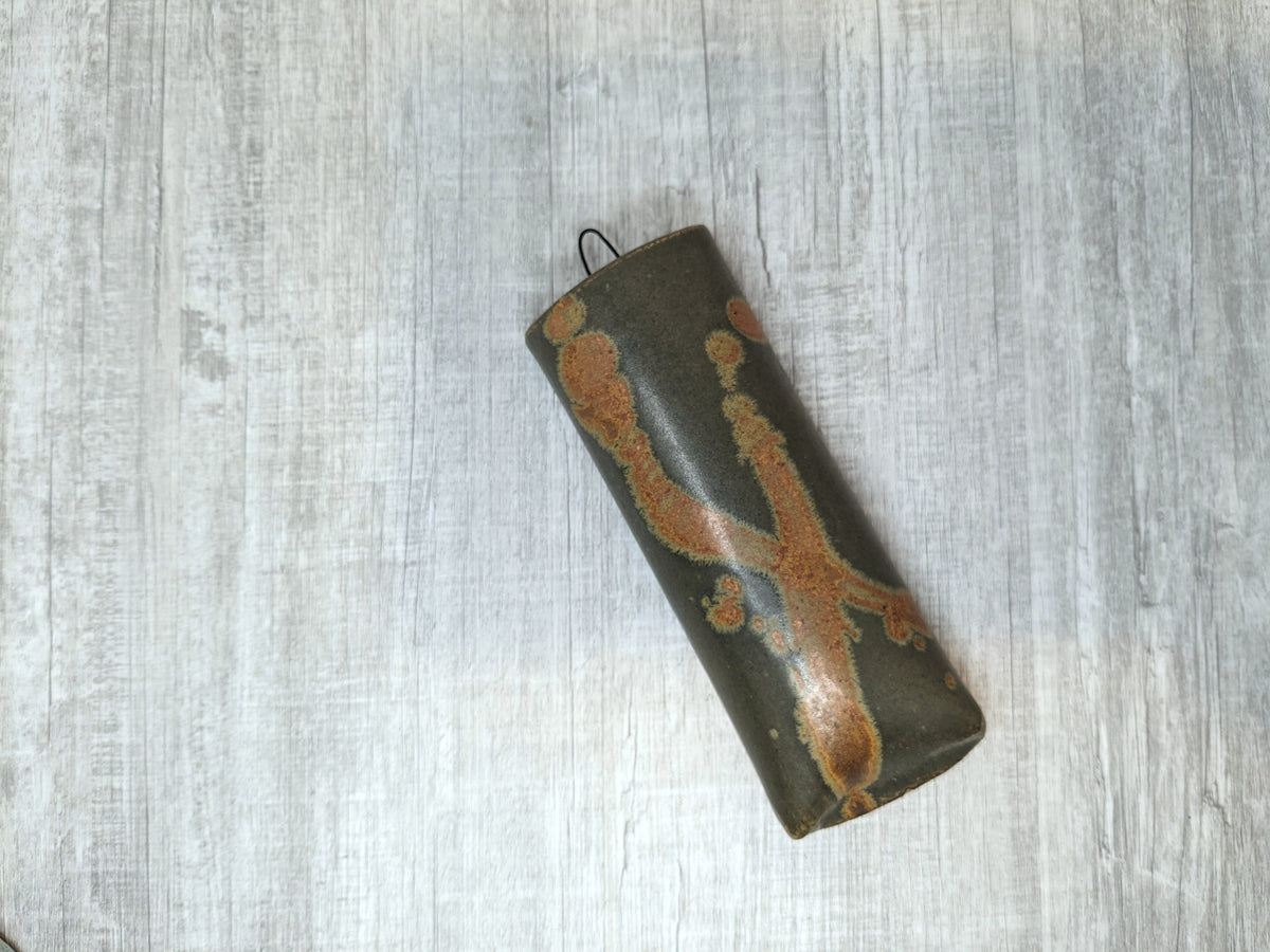 Stoneware Wall Pocket | Bruce Vallance Hand Thrown Pottery | Oatmeal Glaze with Blue Brush Strokes