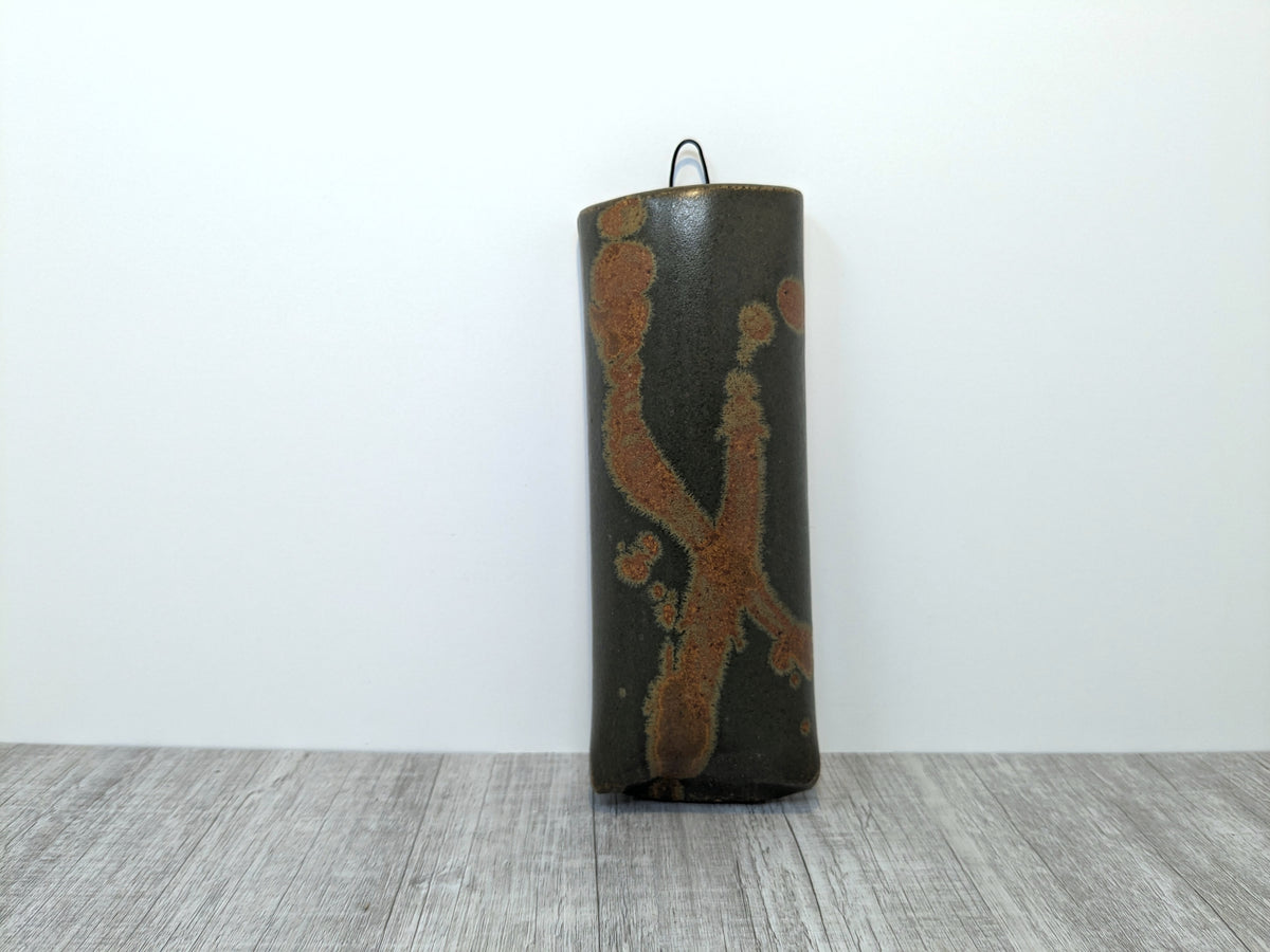 Stoneware Wall Pocket | Bruce Vallance Hand Thrown Pottery | Oatmeal Glaze with Blue Brush Strokes