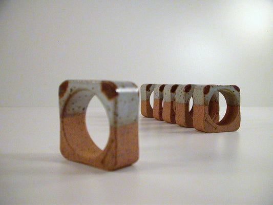 B Vallance Napkin Rings, Vintage Bruce Vallance Studio Pottery Stoneware, Half Glaze Dipped Stoneware Set of 6 Napkin Rings