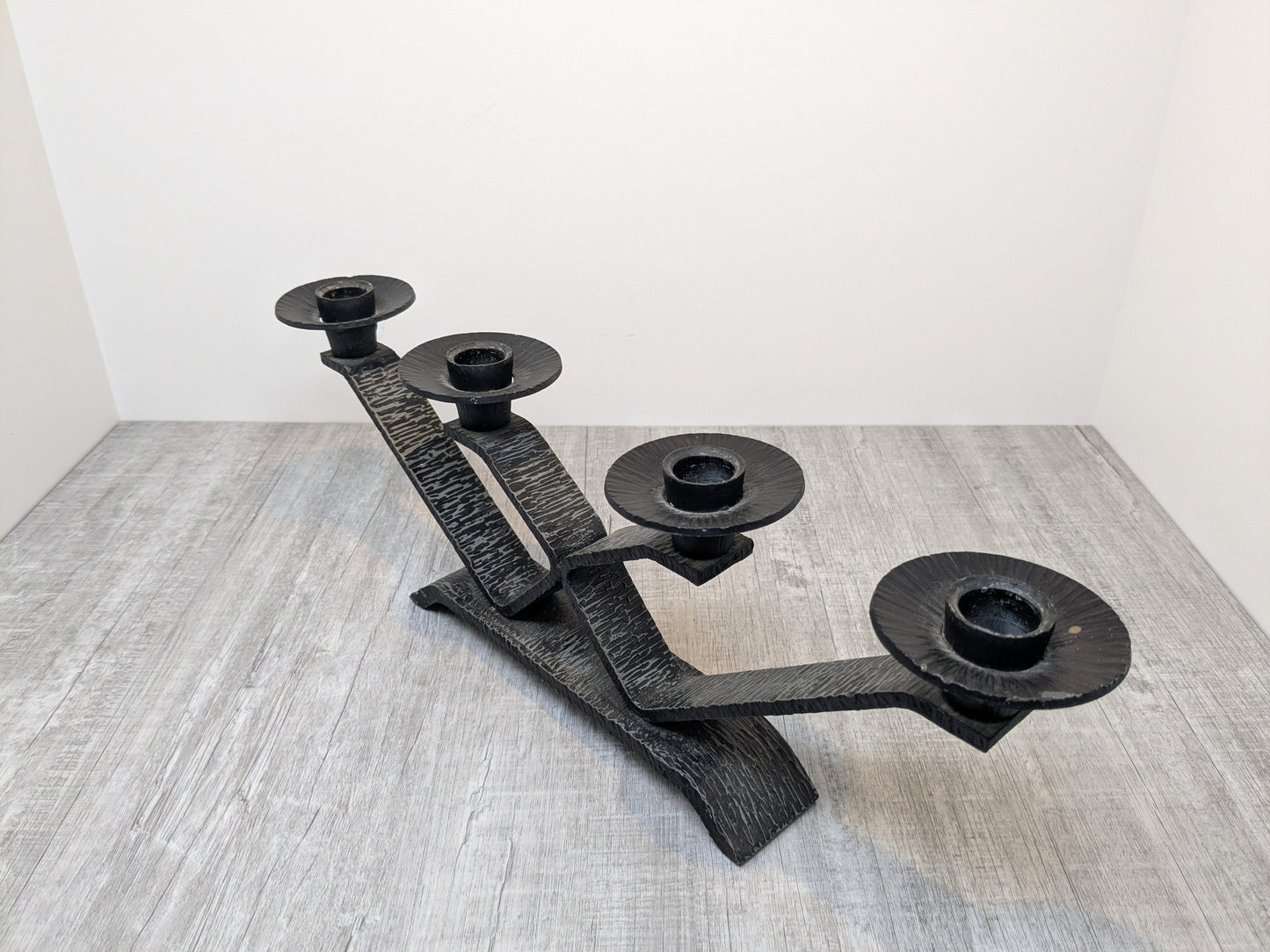 Wrought Iron Brutalist Candelabra | Mid Century Steel Candle Stand