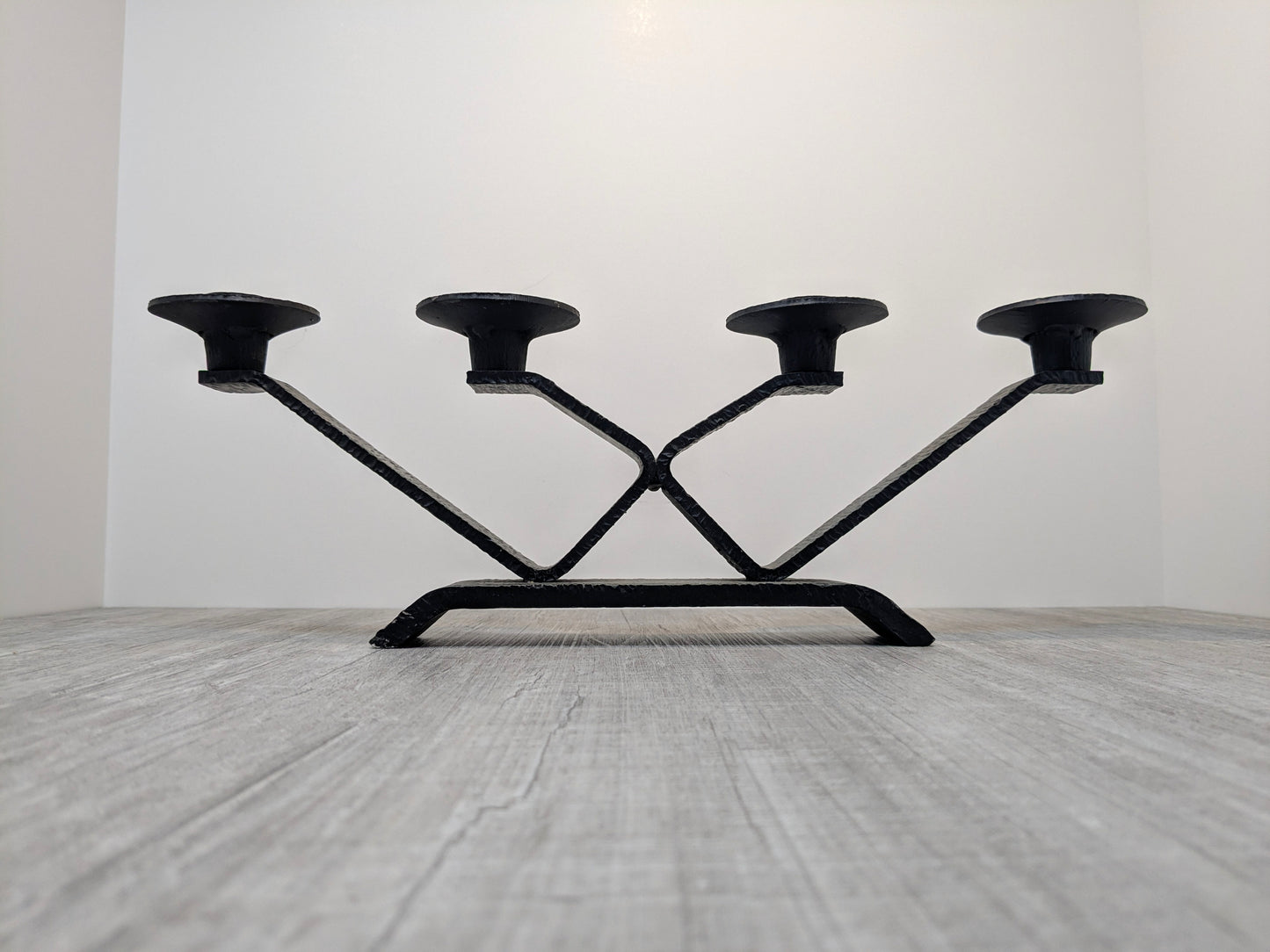 Wrought Iron Brutalist Candelabra | Mid Century Steel Candle Stand