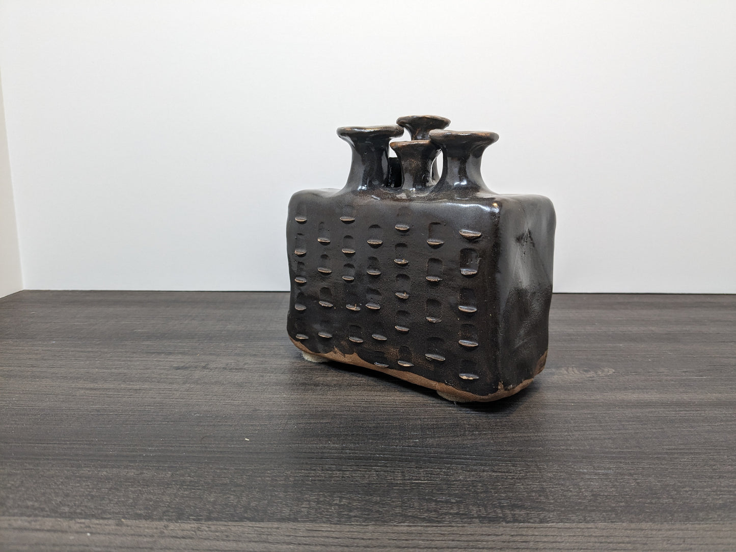 Brutalist Multi Neck Vase | 1970's Brown Glazed Terracota Vase | 4 Flue Openings