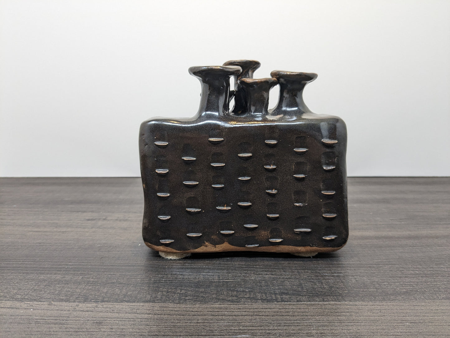 Brutalist Multi Neck Vase | 1970's Brown Glazed Terracota Vase | 4 Flue Openings