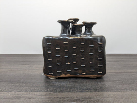 Brutalist Multi Neck Vase | 1970's Brown Glazed Terracota Vase | 4 Flue Openings