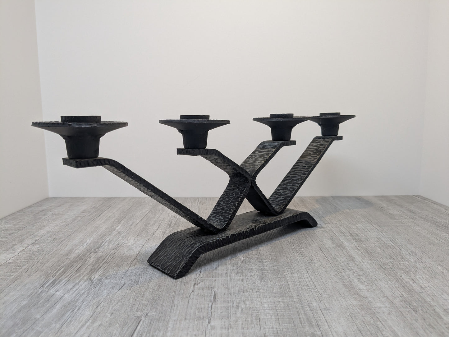 Wrought Iron Brutalist Candelabra | Mid Century Steel Candle Stand