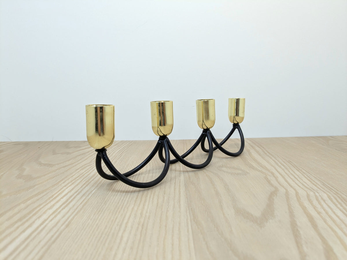 Metal Candle Stick Holder with 4 Capitals | Black Iron and Polished Brass Candle Stand