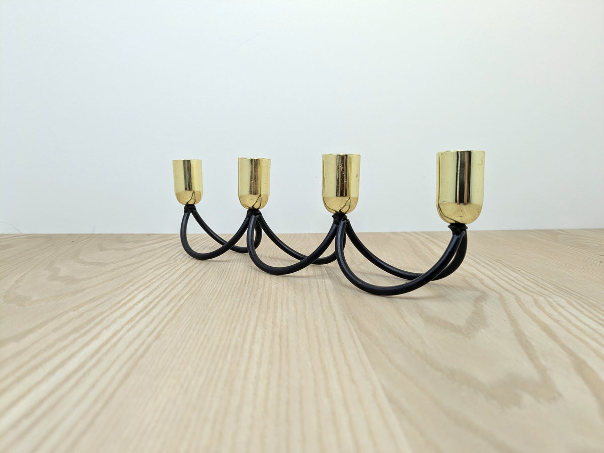 Metal Candle Stick Holder with 4 Capitals | Black Iron and Polished Brass Candle Stand
