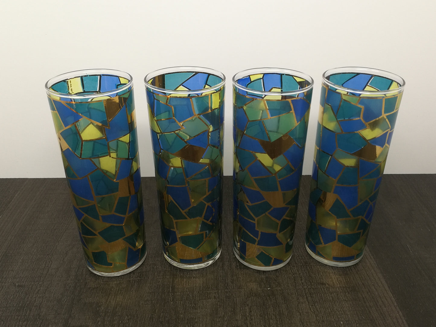Set of 4 Vintage Stained Glass High Ball Glasses | Mid Century Cathedral Glass Drinking Glasses
