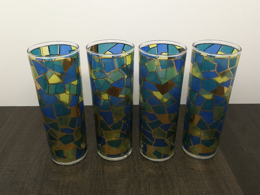 Set of 4 Vintage Stained Glass High Ball Glasses | Mid Century Cathedral Glass Drinking Glasses