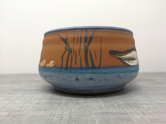 Pottery Bowl with Blue Glaze and Hand Painted Duck and Duckling Design