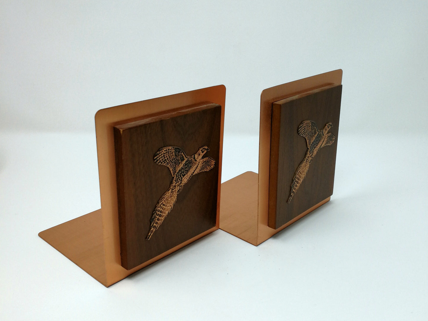 Copper and Wood Bookends | Fantasy Copperware Pheasant Design