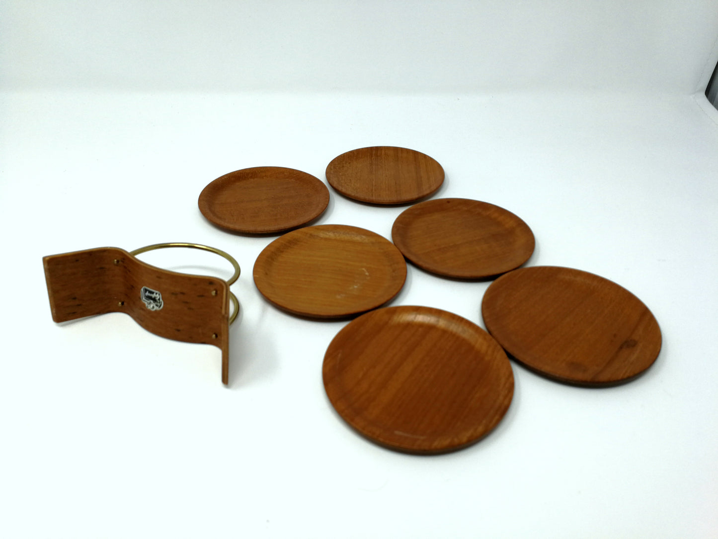 Teak Coaster Set | Mid Century 6 Coasters and Bent Wood Stand | Bar Ware Coasters