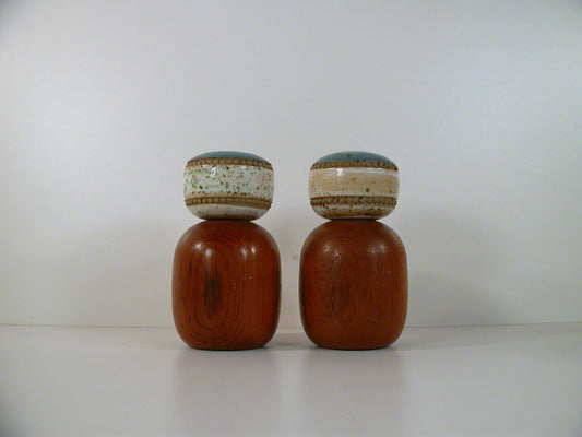 Denby Stoneware / Teak Potters Wheel Salt and Pepper Shakers, Mid Century Salt and Pepper Shakers David Yorath Design, Fantastic Blue Glaze