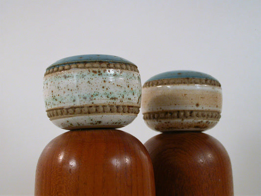 Denby Stoneware / Teak Potters Wheel Salt and Pepper Shakers, Mid Century Salt and Pepper Shakers David Yorath Design, Fantastic Blue Glaze