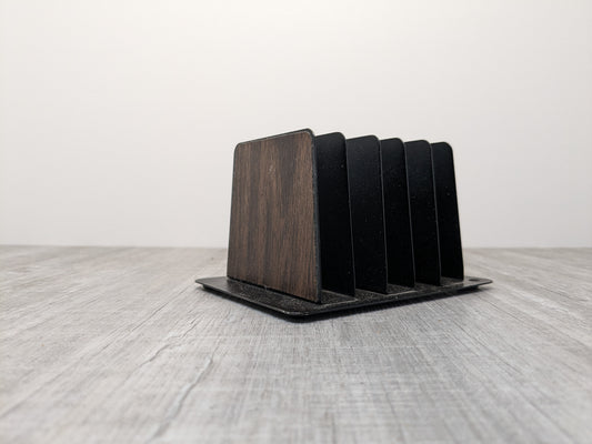 Compact Vintage Vertical Metal File Folder Organizer | Faux Wood Metal Paper Sorter | 5 Slots